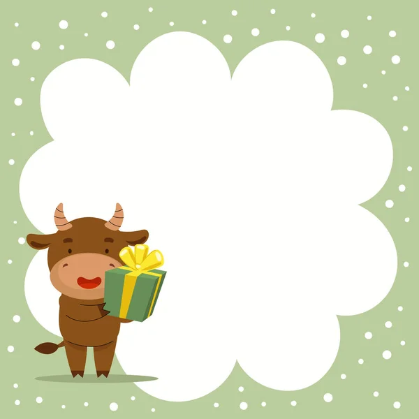 可爱的矢量圣诞公牛持有礼物 新年贺卡 假日的模板 浅色背景上有雪花的平面卡通画 — 图库矢量图片