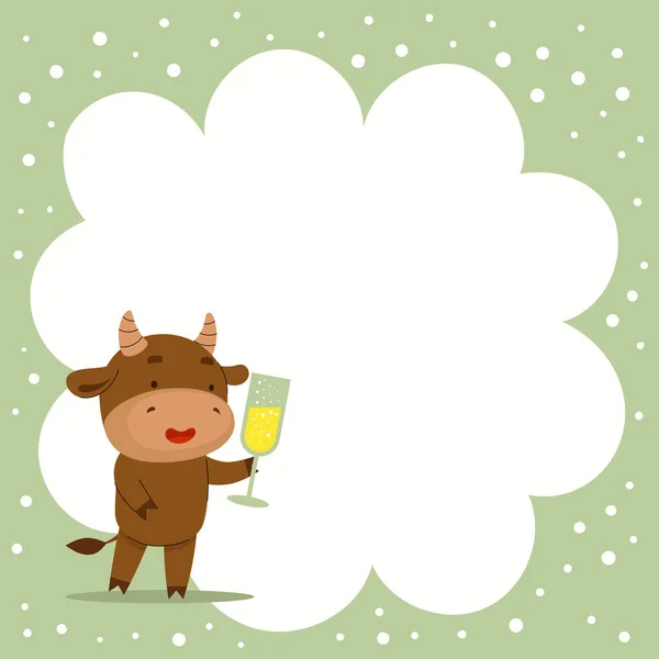 Χαριτωμένος Διανυσματικός Χριστουγεννιάτικος Ταύρος Κρατώντας Ένα Ποτήρι Σαμπάνια Πρωτοχρονιάτικες Ευχετήριες — Διανυσματικό Αρχείο