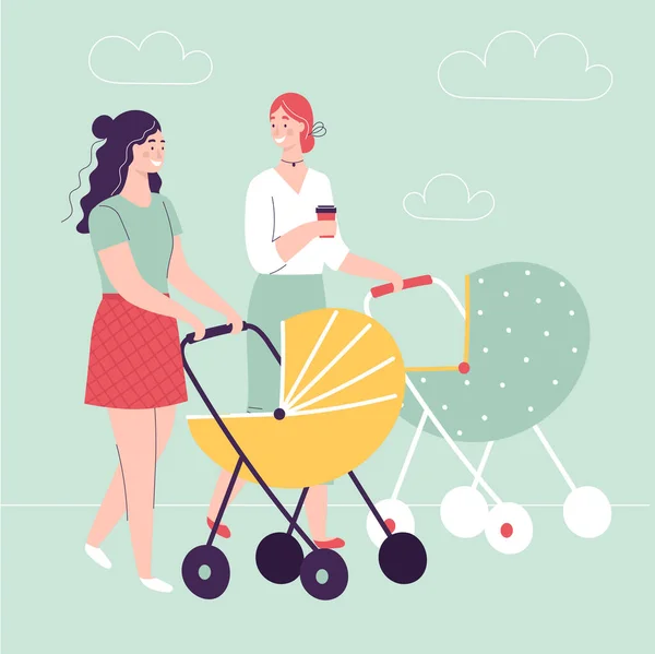 Twee Jonge Vrouwen Lopen Met Een Kinderwagen Praten Lachen Begrip — Stockvector