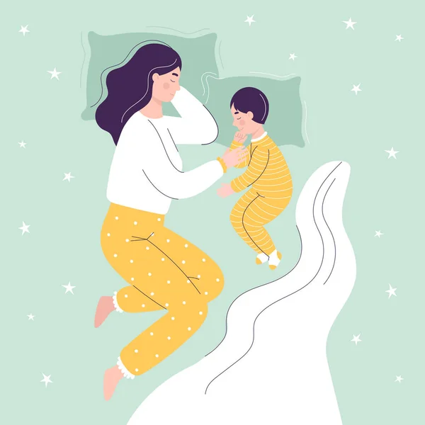 Beautiful Mom Son Sleeping Bed Concept Children Sleeping Together Parents — Stock Vector