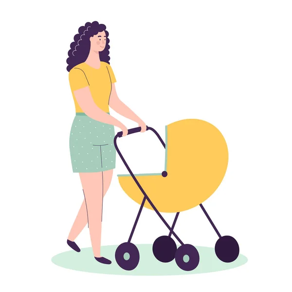 Una Giovane Madre Cammina Con Una Carrozzina Donna Con Bambino — Vettoriale Stock