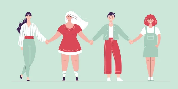 Diferentes mujeres se paran en fila y se toman de la mano. Concepto de solidaridad femenina, poder femenino, cuerpo positivo. vector plano caracteres femeninos — Vector de stock