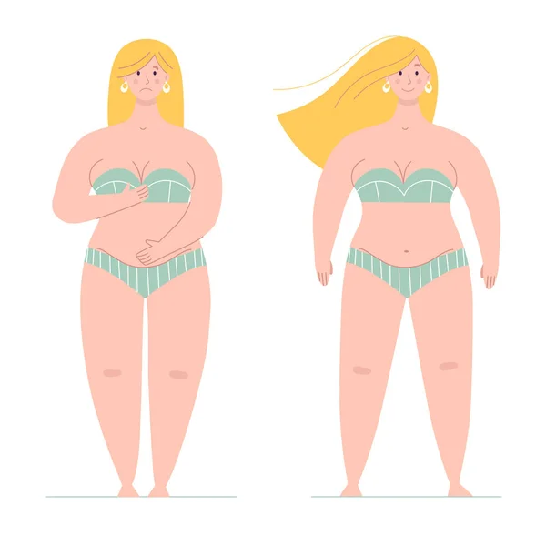 Una hermosa mujer regordeta en un traje de baño se encuentra en pleno crecimiento.Uno se avergüenza de su cuerpo, el otro es feliz y ama hers.Concept de cuerpo positivo, amor propio, overweight.Flat vector personaje femenino — Vector de stock