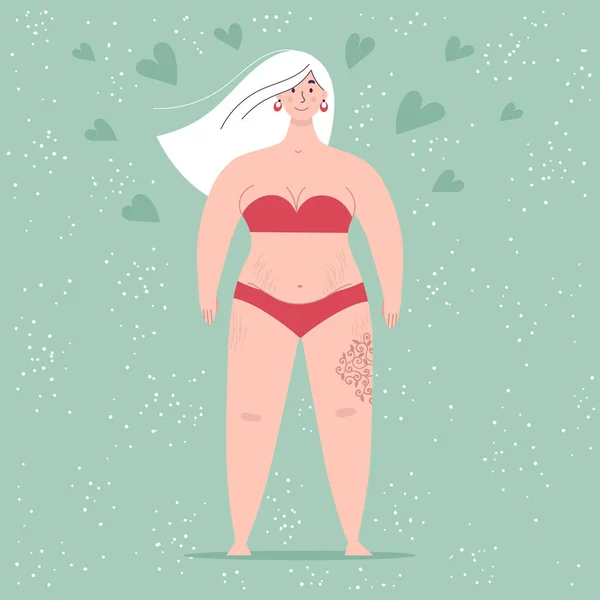 Uma bela mulher gorda de fato de banho está em pleno crescimento. Conceito de positividade corporal, amor próprio, excesso de peso. Vetor plano personagem feminina — Vetor de Stock