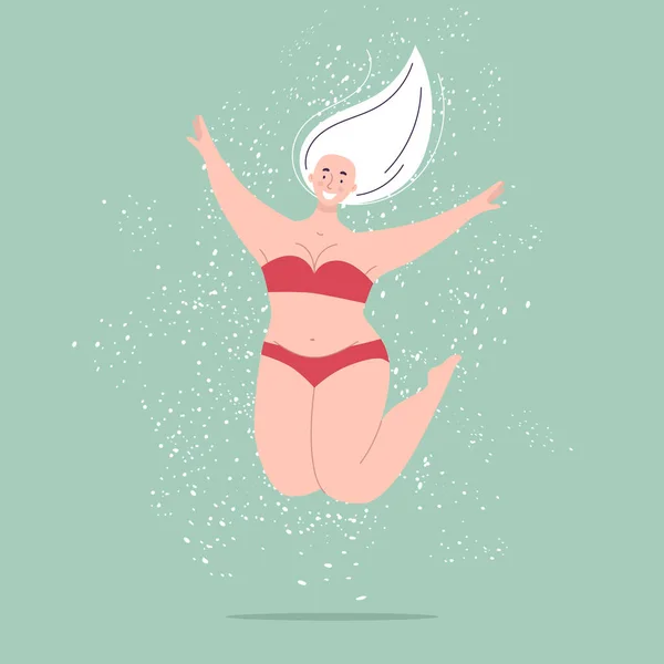 Una hermosa mujer regordeta feliz en un traje de baño salta. Concepto de positividad corporal, amor propio, sobrepeso. Carácter femenino vector plano — Vector de stock