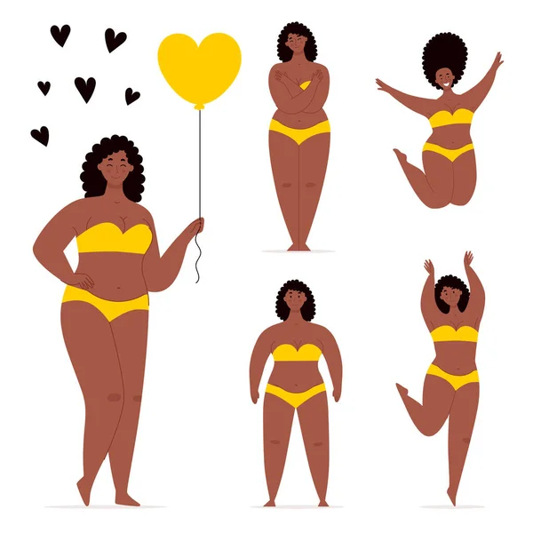 En glad afrikansk fyllig kvinnor i baddräkt håller en hjärtformad ballong, dans, hoppa, kramar sig.Begreppet kropp positivitet, självkärlek, övervikt.Platt vektor karaktär isolerad på vit bakgrund — Stock vektor