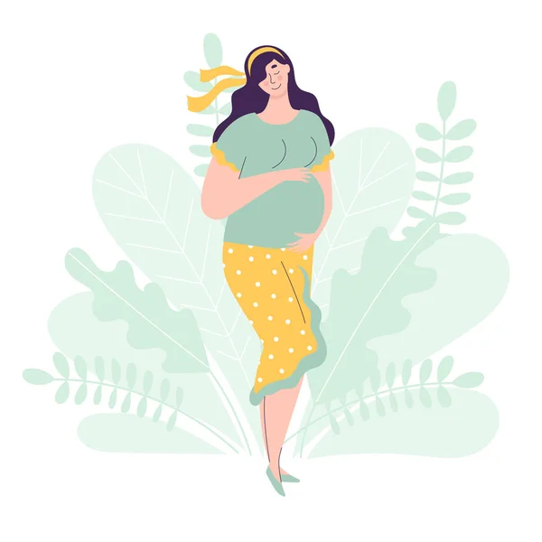 Mooie zwangere vrouw in volle groei houdt handen op haar buik. Zachte vectorillustratie van een vrouwelijk karakter. Het concept van een baby verwachten, zwangerschap, moederschap. — Stockvector