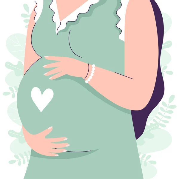 Vacker gravid kvinna i full tillväxt håller händerna på magen. Skonsam vektor illustration av en kvinnlig karaktär. Begreppet väntar barn, graviditet, moderskap. — Stock vektor