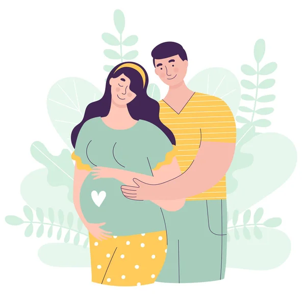 Beautiful couple in anticipation of a baby. Pregnant woman, husband and wife, family, parents. Happy pregnancy concept, fertilization, conception. Flat vector illustration with cute characters — Stock Vector
