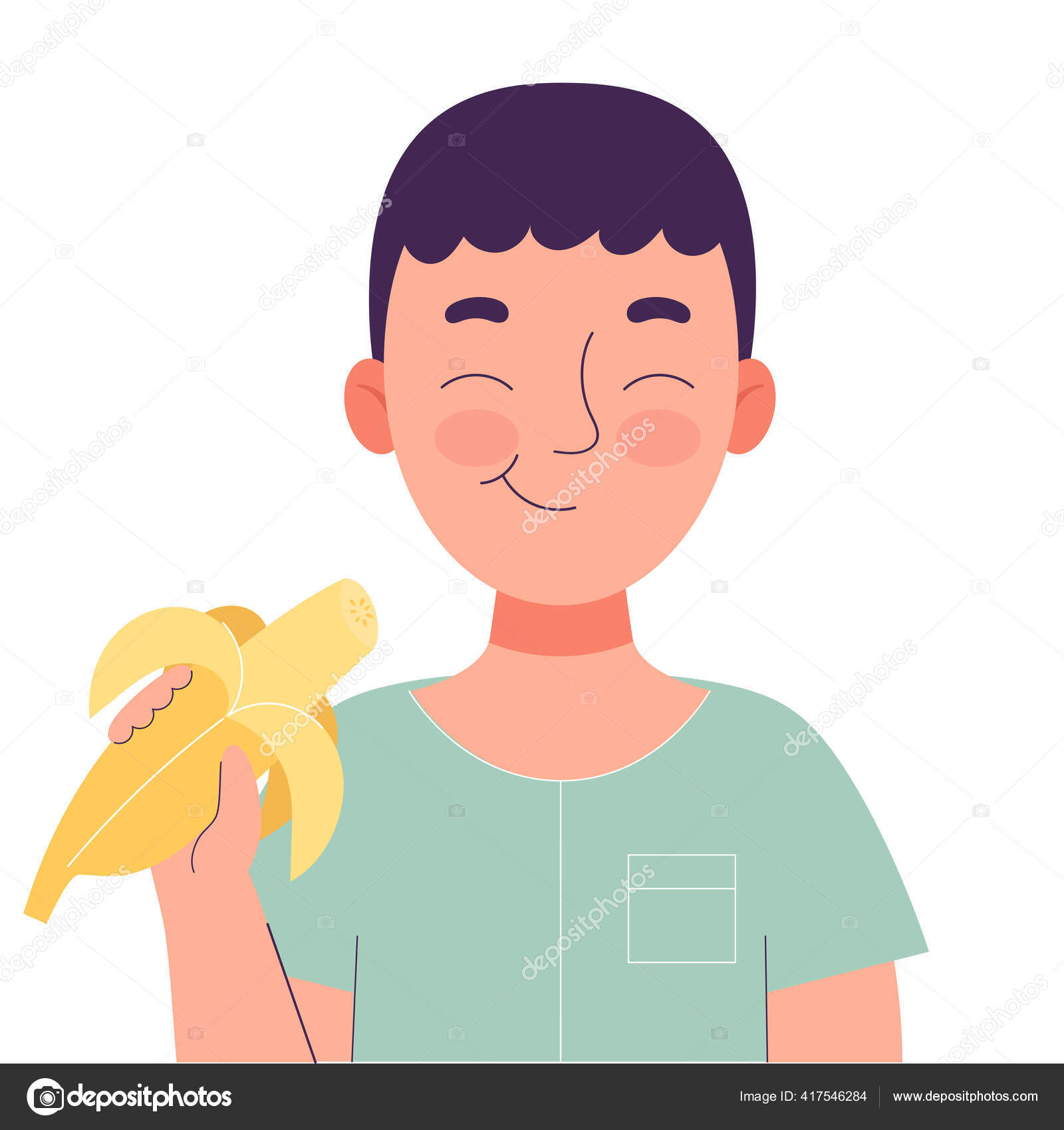  мальчик ест банан Милый маленький мальчик ест банан. Концепция здорового питания, здоровые  закуски. Фрукты, витамины Плоский вектор изолированная иллюстрация на белом  фоне Стоковый вектор ©lisi-note@yandex.ru 417546284