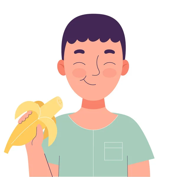 Rapaz giro a comer banana. Conceito de comida saudável, lanche saudável. Frutas, vitaminas. Ilustração isolada do vetor plano sobre fundo branco — Vetor de Stock