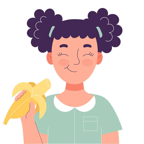 Linda niña comiendo plátano. Concepto de comida saludable, bocadillos saludables. Frutas, vitaminas. Vector plano ilustración aislada sobre fondo blanco — Archivo Imágenes Vectoriales