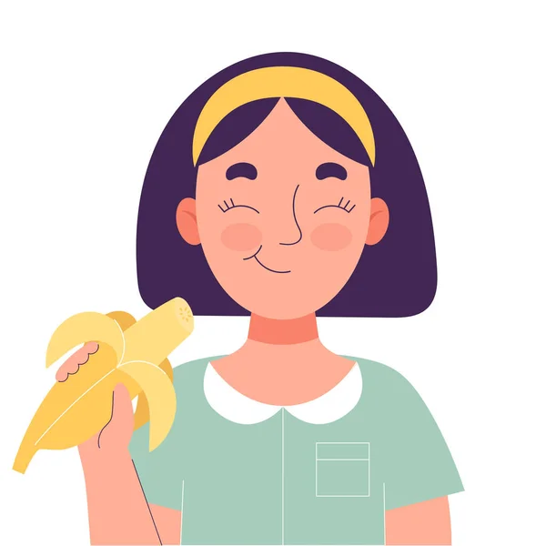 Linda niña comiendo plátano. Concepto de comida saludable, bocadillos saludables. Frutas, vitaminas. Vector plano ilustración aislada sobre fondo blanco — Archivo Imágenes Vectoriales