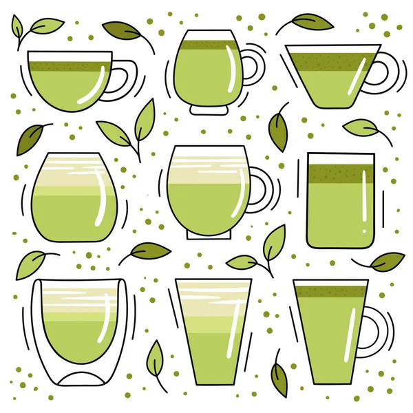 Набор прозрачных стаканов с японским зеленым чаем matcha.Elements для здоровой пищи, потеря веса, диета. Бодрящий напиток. Иллюстрация для кафе и ресторанов. Векторная иллюстрация — стоковый вектор