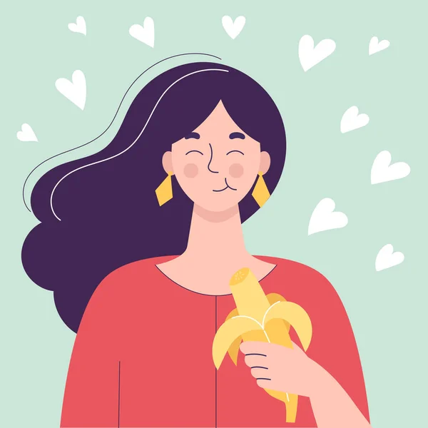 Mujer linda feliz comiendo plátano. Concepto de comida saludable, bocadillos saludables. Frutas, vitaminas para la salud. Vector plano ilustración aislada sobre fondo blanco — Vector de stock