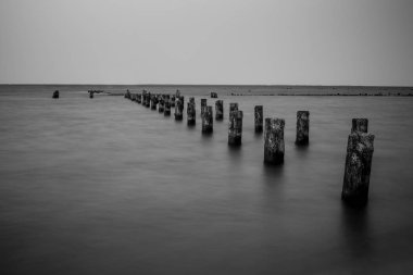 Deniz kıyısında ahşap dalgakıranlar.