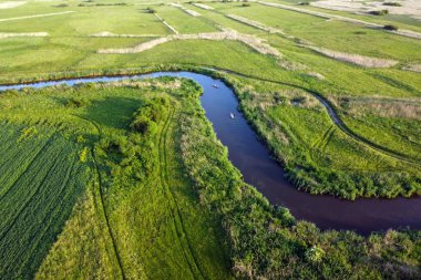 Yeşil tarladaki kıvrımlı nehrin hava manzarası