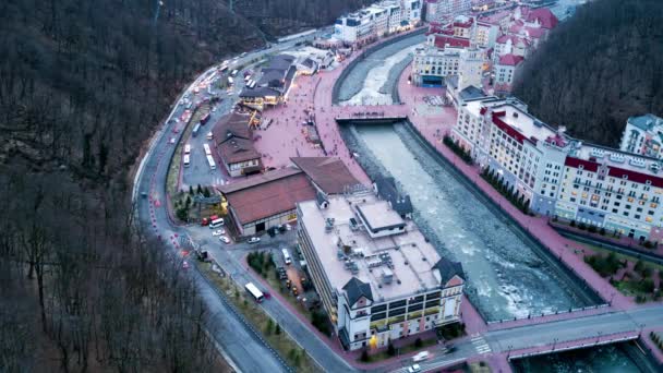 Vídeo Lapso Tempo Vista Aérea Anoitecer Estância Esqui Rosa Khutor — Vídeo de Stock