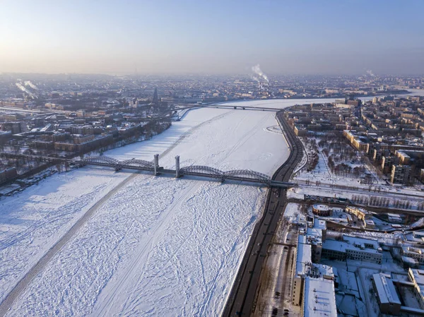 Eisenbahnbrücke Über Den Fluss Newa Winter Luftaufnahme Russland Petersburg — Stockfoto