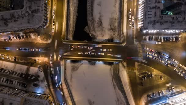 Временной Промежуток Loop Video Аэрофотосъемка Движения Мосту Зимний Вечер Россия — стоковое видео