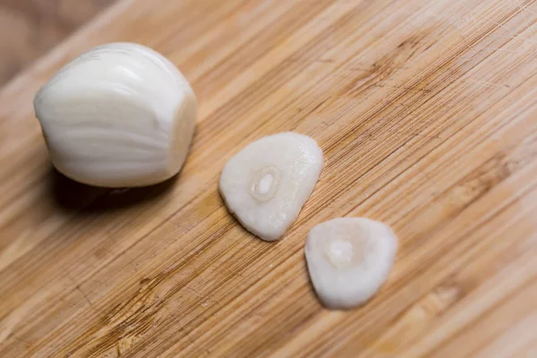 Closeup Sliced Garlic Glove Table — Stock Photo, Image