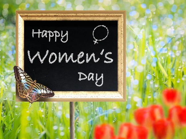 Black Chalkboard Golden Frame Text Happy Women Day Butterfly Green — Stock Photo, Image