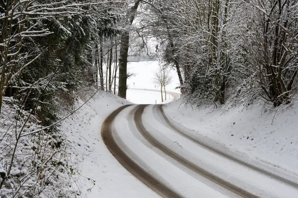 Silnice Stromy Sněhem Bavorsku Zimě — Stock fotografie