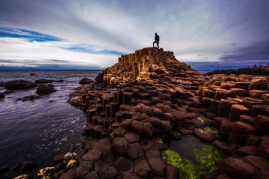 Lone Man on Top of Basalt Columns at Giant's Causeway Northern Ireland clipart
