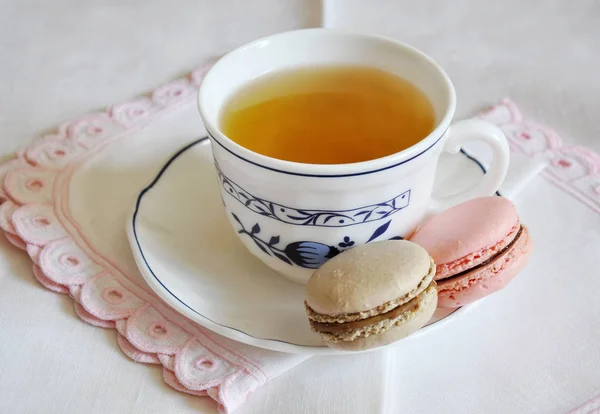 Cup Tea White Background Macaroons — Stock Photo, Image