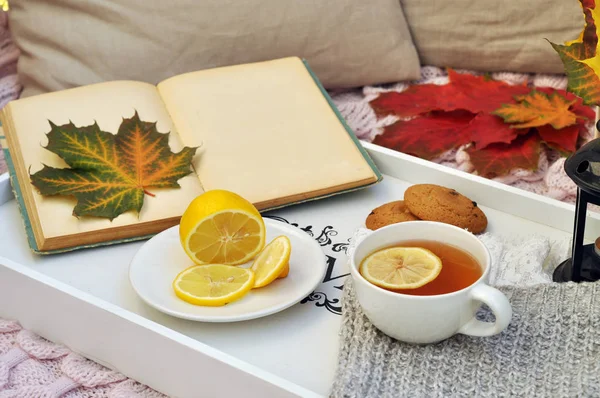 Old Book Autumn Leaves Hot Tea — Stock Photo, Image