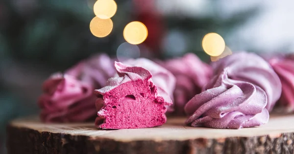 Close Homemade Cut Pink Zephyr Marshmallow Powdered Sugar Wooden Abstract — Stock Photo, Image