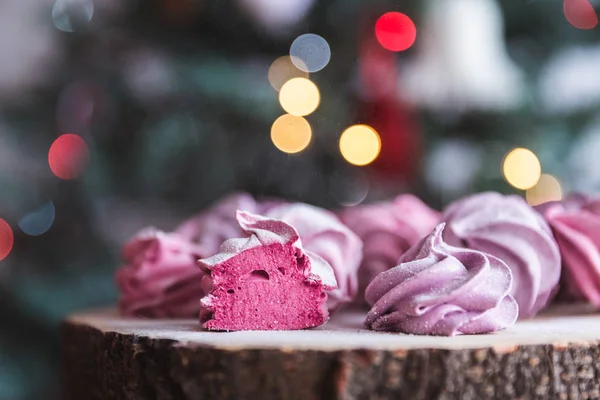 Close Homemade Cut Pink Zephyr Marshmallow Powdered Sugar Wooden Abstract — Stock Photo, Image