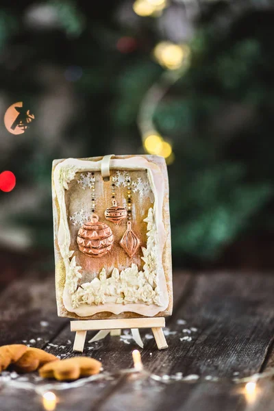 Hand Painted Christmas Gingerbread Wooden Stand Abstract Bokeh Background Christmas — Stock Photo, Image