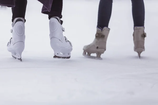 Close Womens Legs Skates Winter Open Skating Rink Place Text — Stock Photo, Image