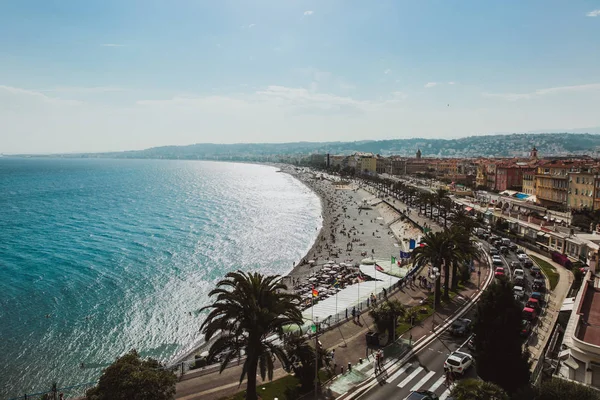 Panoramiczny Widok Wybrzeże Nicei Plaży Błękitnym Niebem Francja Lato — Zdjęcie stockowe