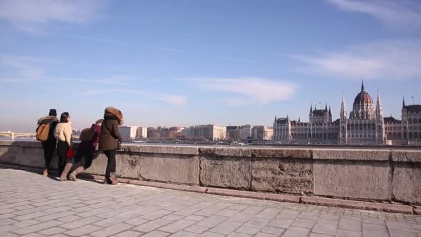 Budapest, január 19, 2019 sétáló emberek közelében Parlament, Budapest, Magyarország — Stock videók