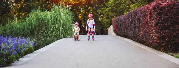 Két Kislány Lovagol Görgők Runbike Nyáron Parkban Gyermek Viselése Védő — Stock Fotó