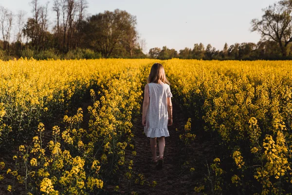 Menina caminhando em um campo de colza — Fotografia de Stock
