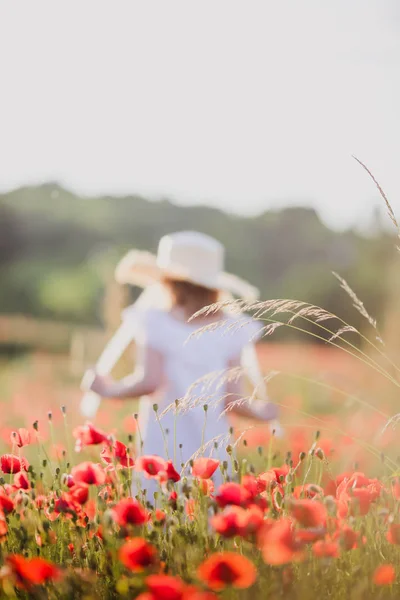 Menina em um chapéu caminha através de um campo de papoula — Fotografia de Stock