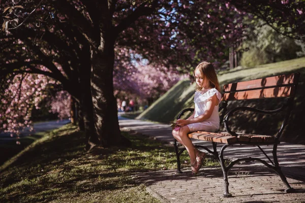 Imádnivaló kislány, fehér ruhában, virágzó rózsaszín kert szép tavaszi napon — Stock Fotó