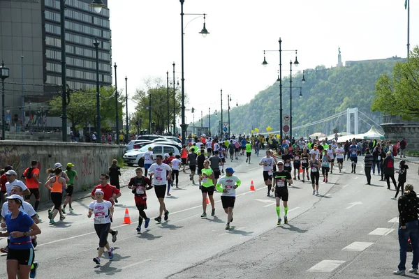 Budapeşte, Macaristan-9 2017 Nisan: tanımlanamayan maraton koşucuları 32. Telekom Vivicitta Spring Half Budapest Uluslararası maratonuna katılır. — Stok fotoğraf