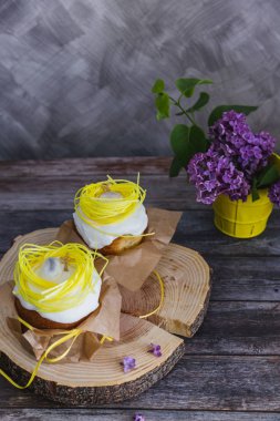 Sarı yuva ve yumurta, arka planda leylak ile dekore Paskalya Kek - Geleneksel Kulich, Paska Paskalya Ekmeği