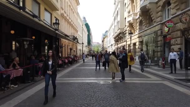 БУДАПЕСТ, ХАНГАРИЯ - 10 апреля 2019 года: прогулка по главной улице Будапешта весной. Туристы, отдых . — стоковое видео