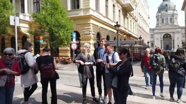 Budapest, Ungern-april 10, 2019: gå längs huvudgatan i Budapest på vår i dag. Turister, semester. — Stockvideo