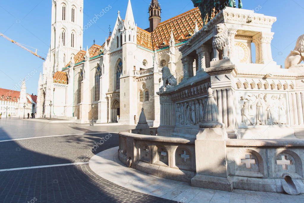 Catholic Matthias Church and Statue of Saint Stephen on Fishermans Bastion in Budapest, Hungary