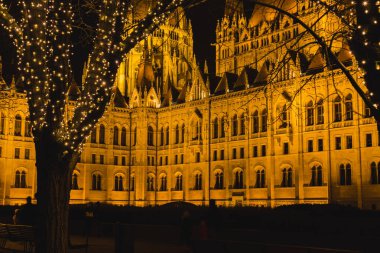 Noel ağacı önünde kapalı Parlemento Binası, Kossuth Meydanı, Budapeşte, Macaristan
