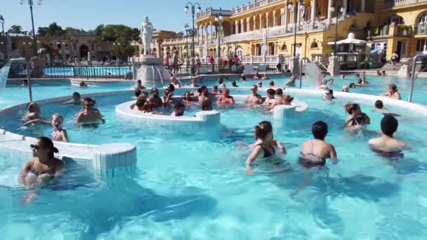 ハンガリーのブダペスト10月2019ハンガリーのブダペストにあるSzechenyiサーマルバスのインテリア。観光客が多い露天風呂複合施設 — ストック動画