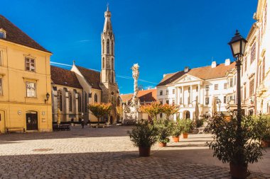 Sopron, Macaristan - Ekim 2018: Macaristan 'ın Sopron kentindeki Trinity heykeli ve Keçi Kilisesi
