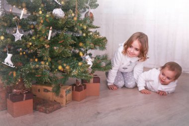 Noel arifesinde evde Noel ağacının altında hediye arayan iki sevimli kız kardeş. Kar taneleri dokusu