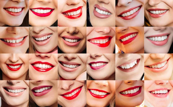 Collage van differents vrouwelijke glimlach met tand en rode lippen. — Stockfoto